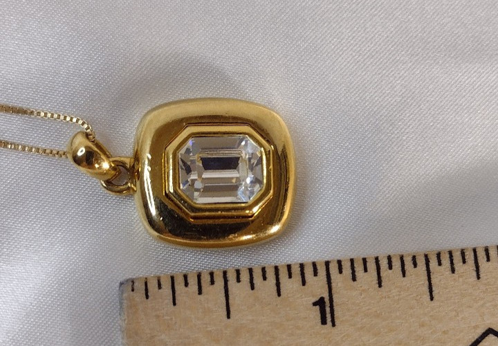 Emerald Cut Clear Crystal Goldtone Bezel Set Pendant Necklace – 32″ – Brilliant