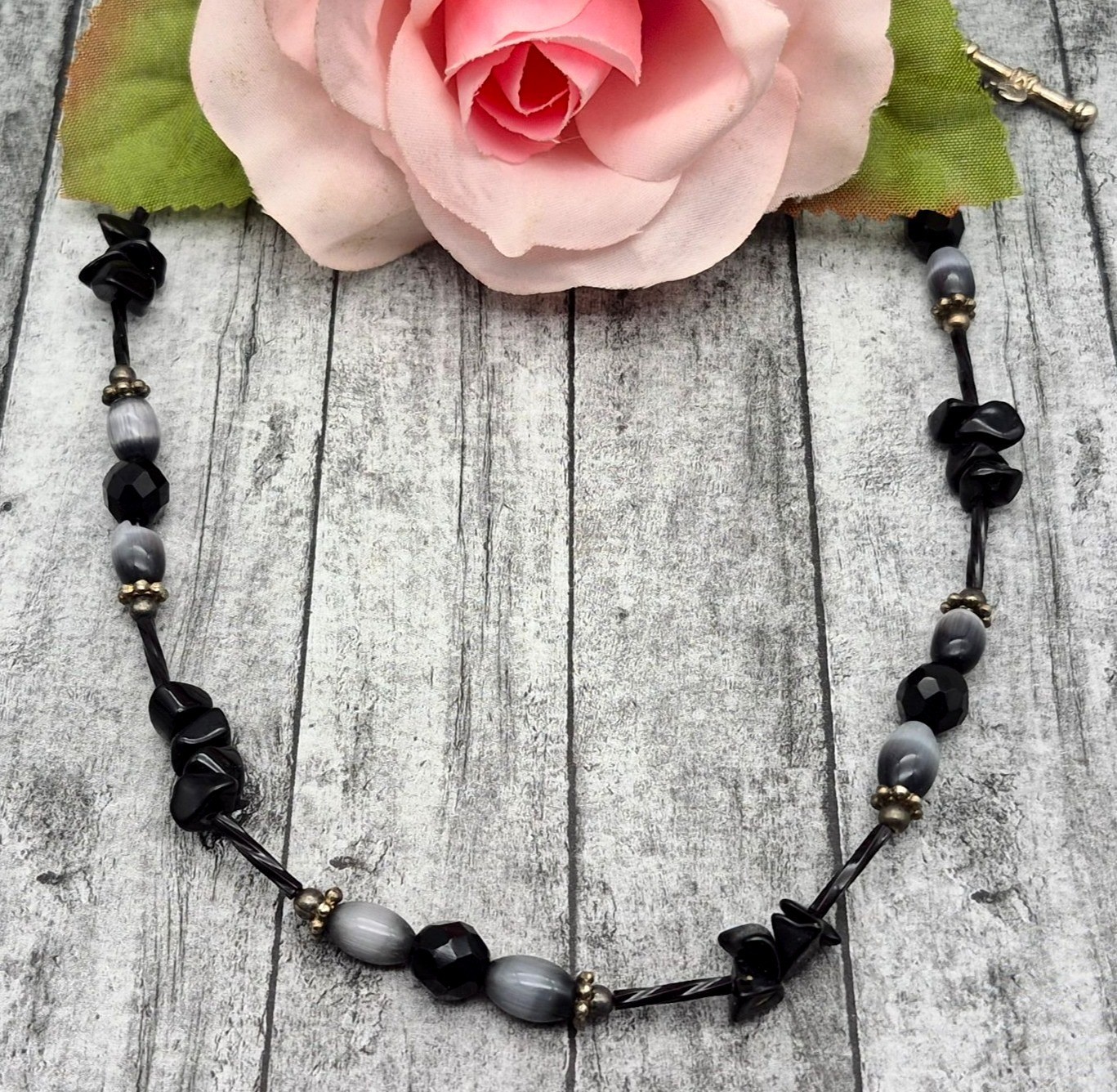 Black & Grey Beaded Collar Necklace Toggle Clasp 20″ Witchy Whimsigoth