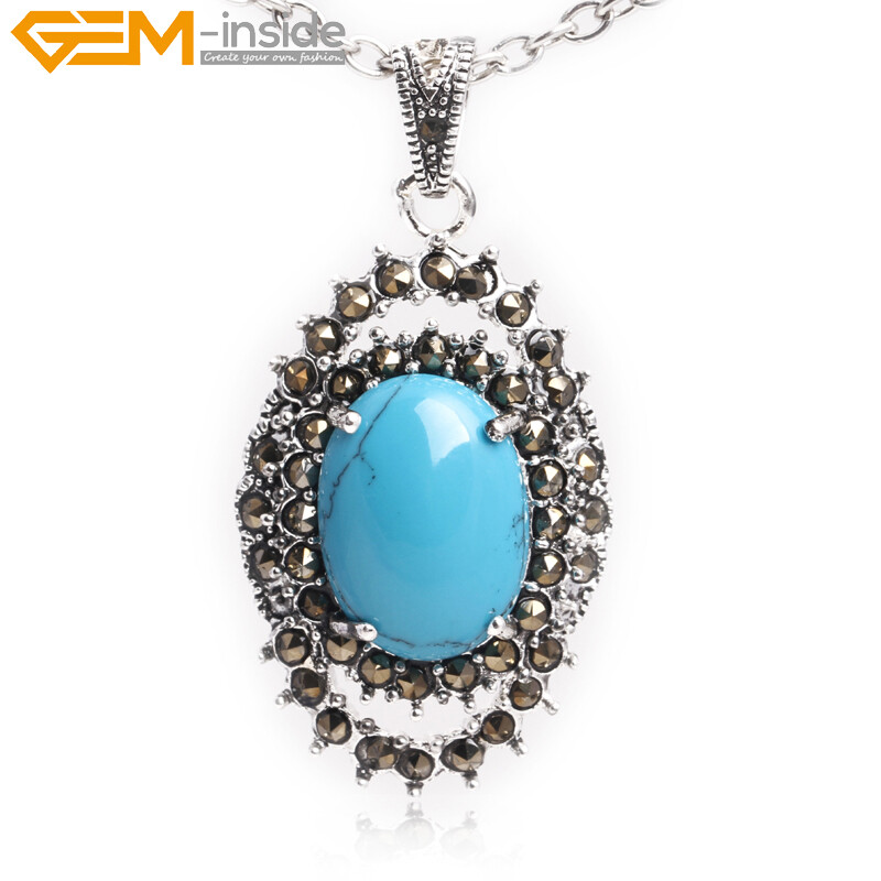 Oval Marcasite Tibetan Silver Crystal Coral jade Jewelry Pendant Necklace Dyed