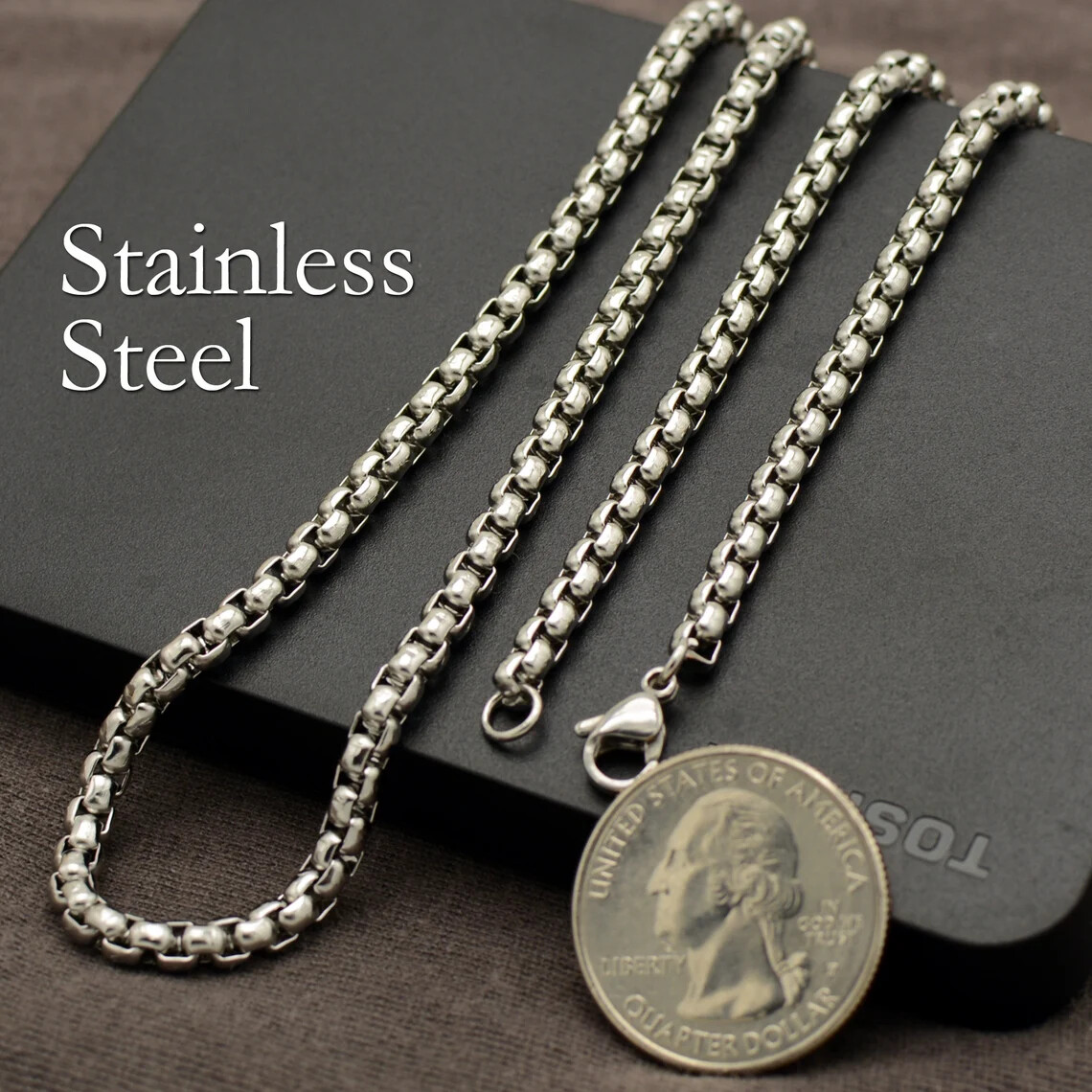 Rounded box chain stainless steel bracelet or necklace Venetian chain 7–34 inch