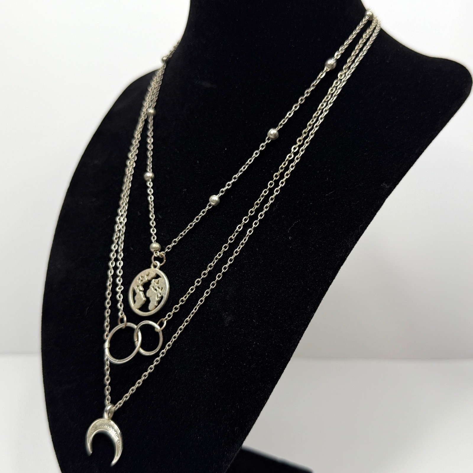 Layered Crescent Charm Pendants Necklace Silver Tone Globe Circle Jewelry 9.5 in