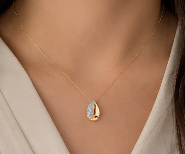 2.50Ct Pavé Simulated Diamond Teardrop Pendant Necklace 14K Yellow Gold Plated