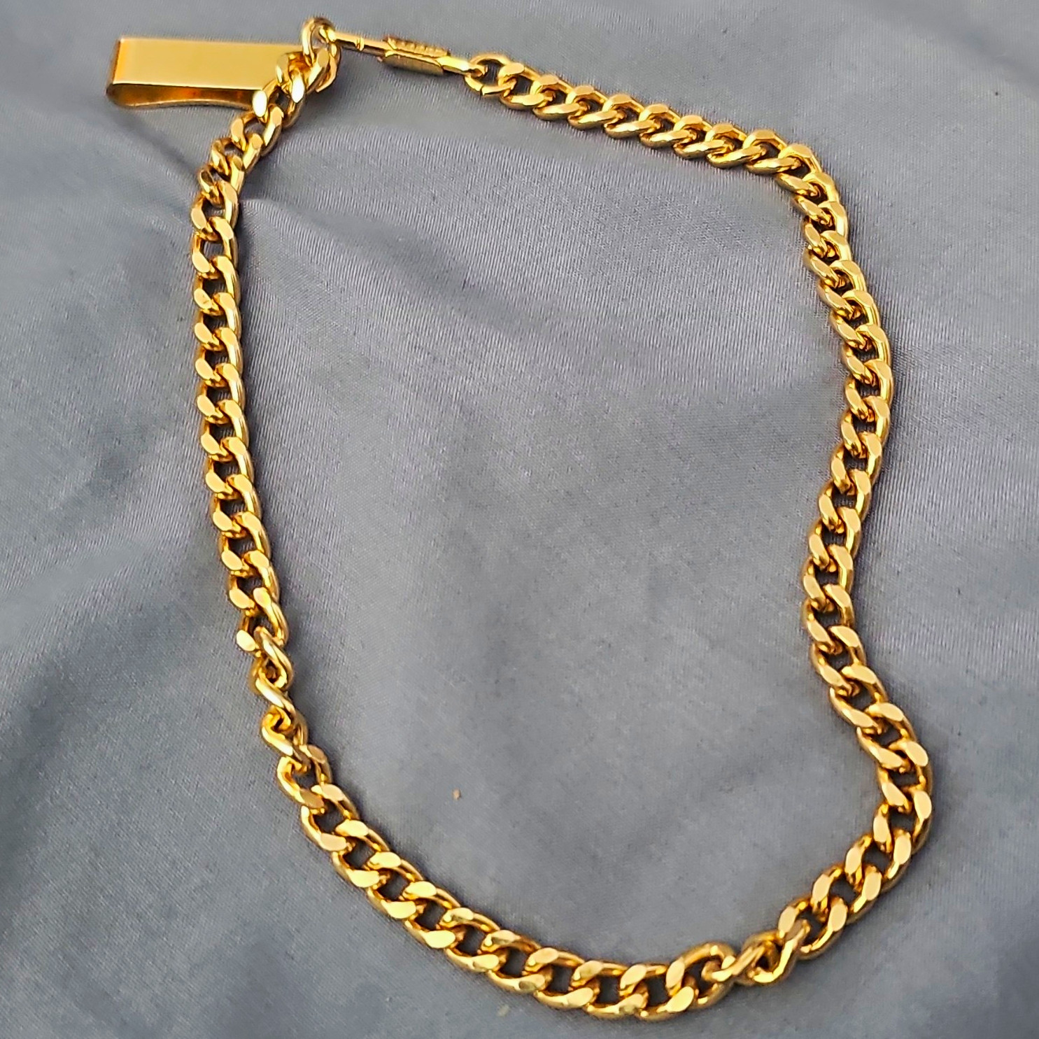 Gold Tone Curb Link Chain Necklace w/ Bar Tag Pendant, Lobster Clasp
