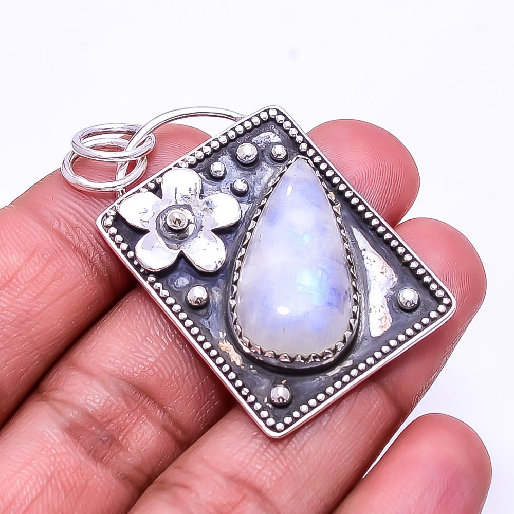 Rainbow Moonstone – India Oxidised Designer 925 Sterling Silver Pendant 1.76″P53