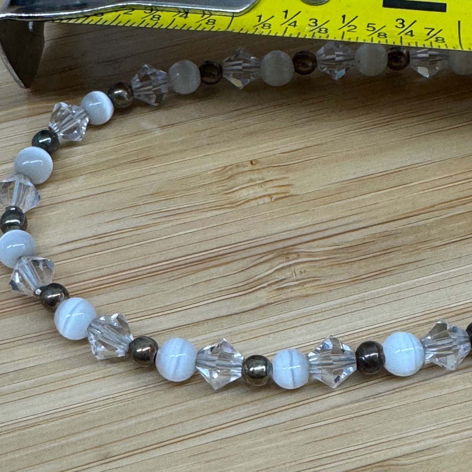 Vintage Sterling Silver 925 White Cats Eye Crystal Beaded Choker Necklace 16″