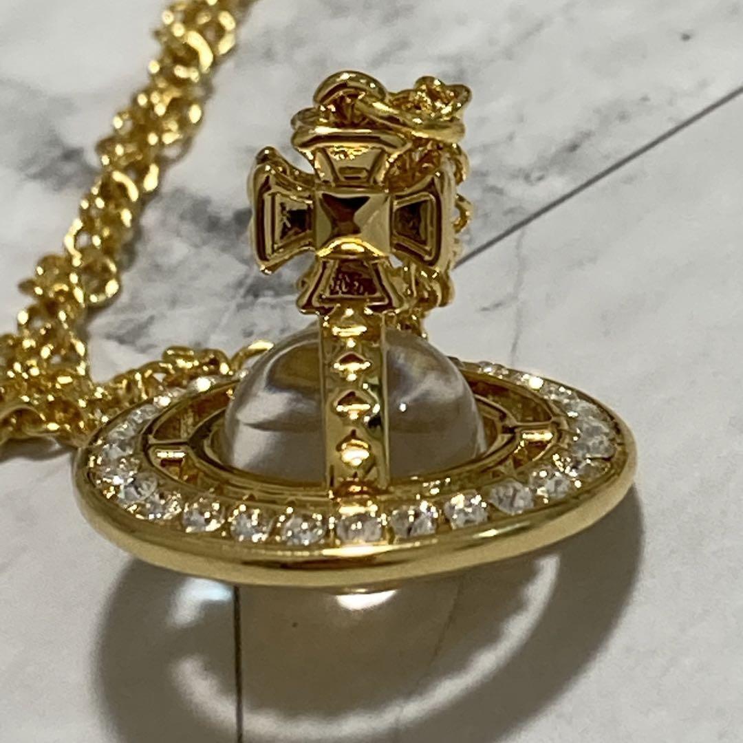 Vivienne Westwood Necklace Rhinestone Small Orb Gold w/drawstring