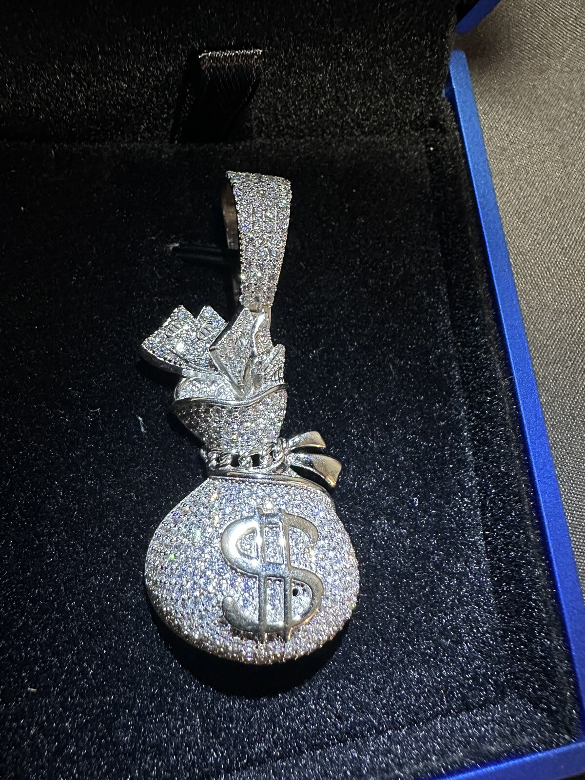 Real 925 Silver Money Bag CZ Piece Super Icy Pendant W Led Display Box