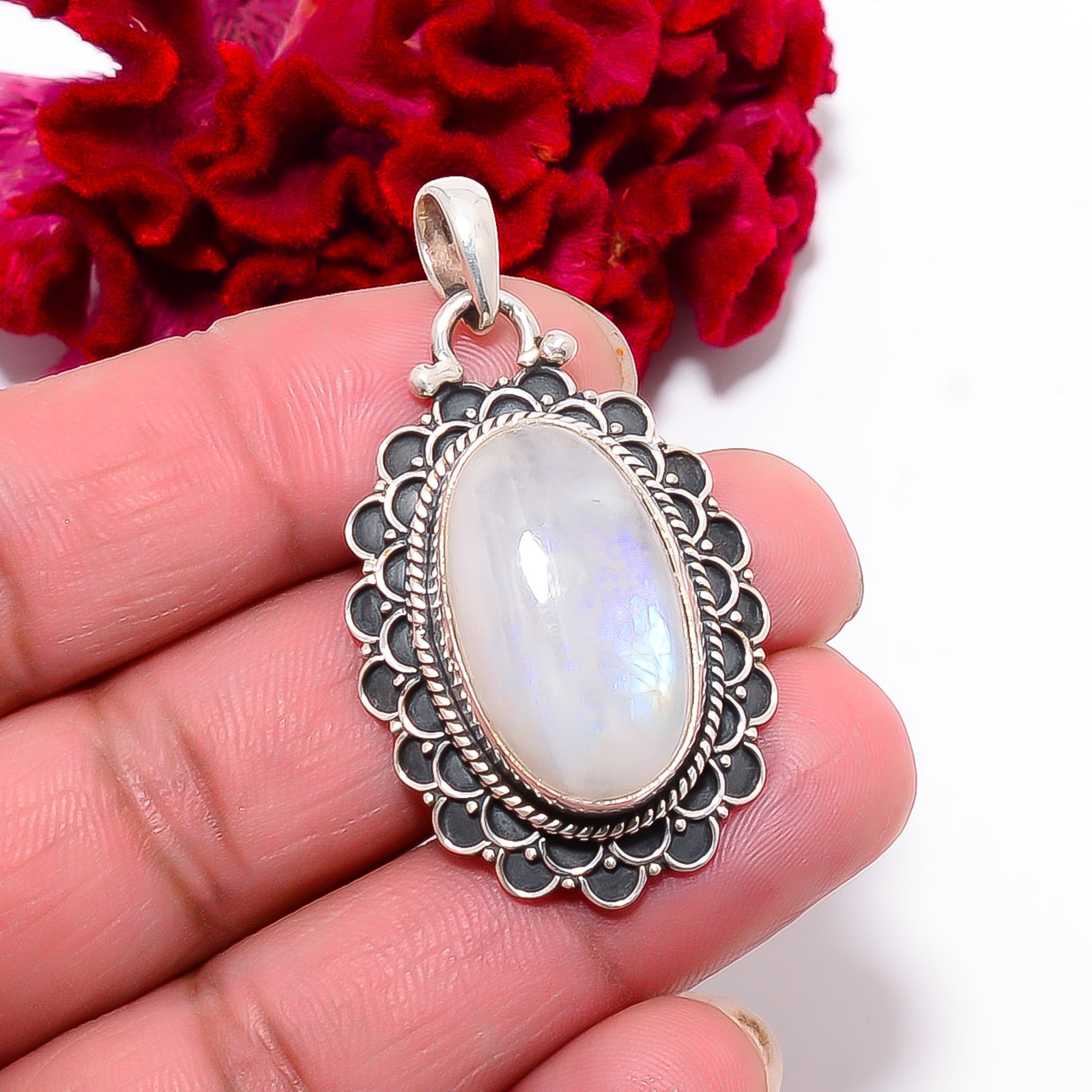 Rainbow Moonstone – India Handmade 925 Sterling Silver Pendant 1.87″ P99927