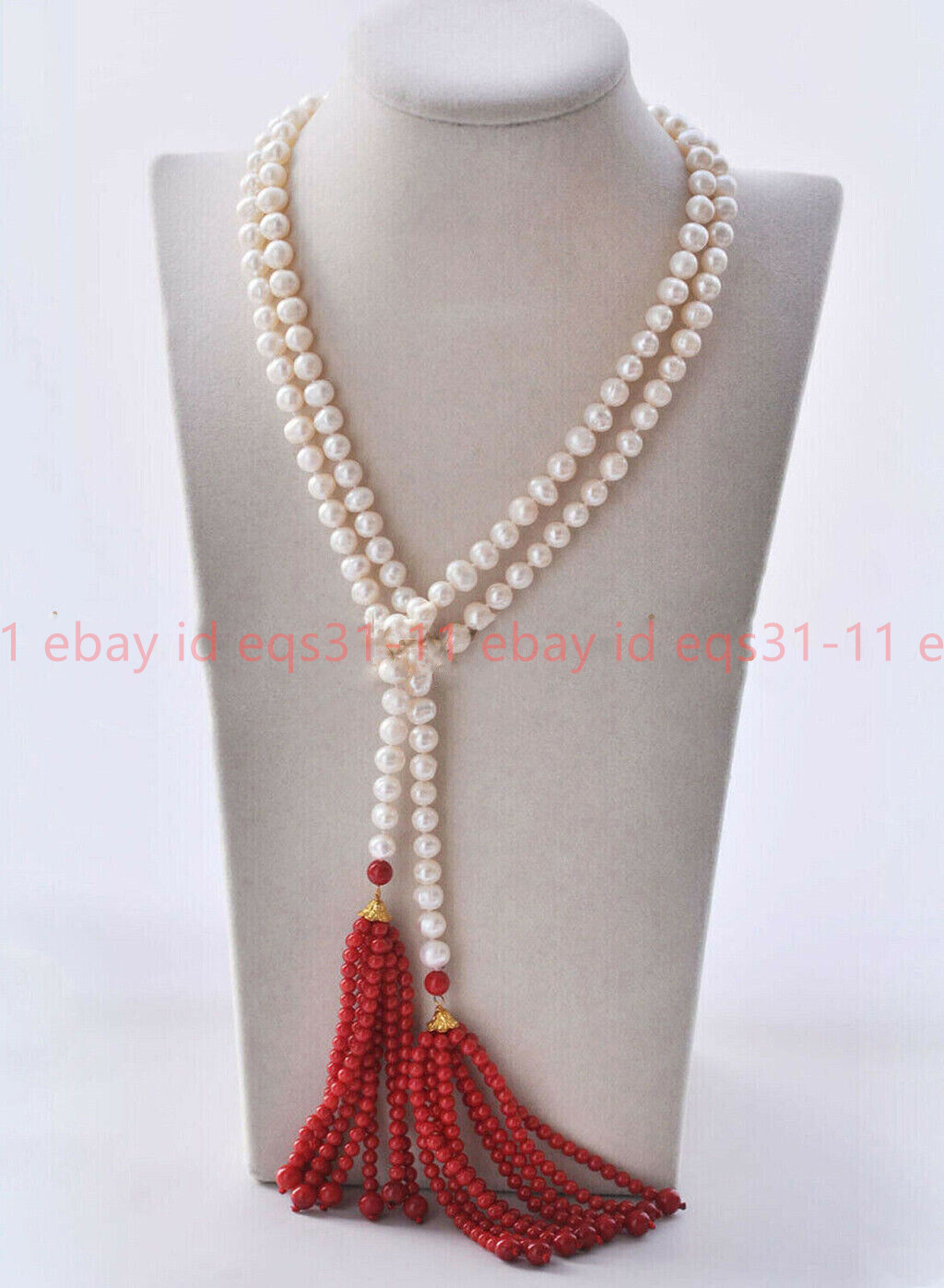 7-8mm Natural White Freshwater Pearl Beaded 4mm Red Coral Tassel Necklace 50″