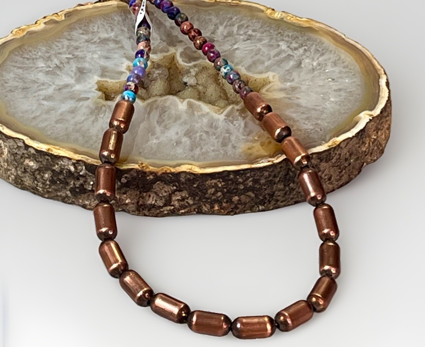 Sea Sediment Jasper Beaded Copper Barrel Bead Necklace Round Multicolor- 15 in