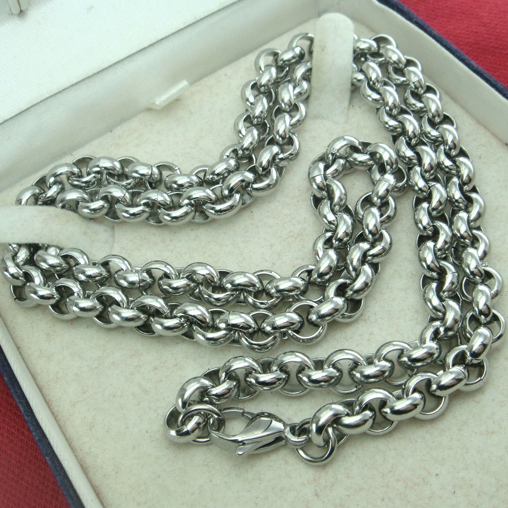 30inch Huge Stainless Steel 12mm Solid Handmade Rolo Chain Mens Necklace Silver