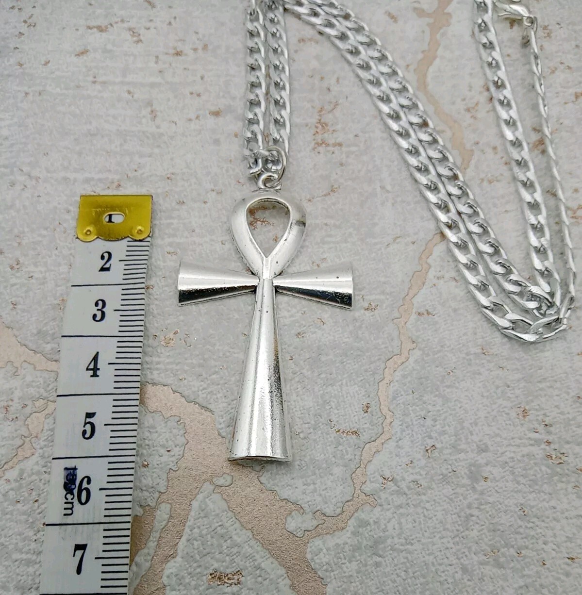 Ankh Necklace Key of Life CROSS Pendant & 24″ Curb Chain Big Vintage silver Tone