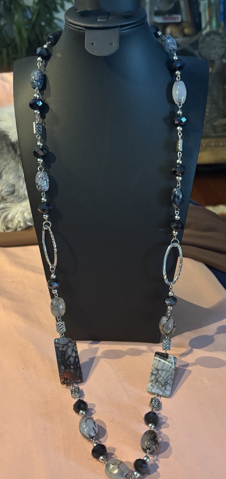Vintage Boho Long Silver Chain Necklace Mixed Grey Black Agate Stone Beads 32”