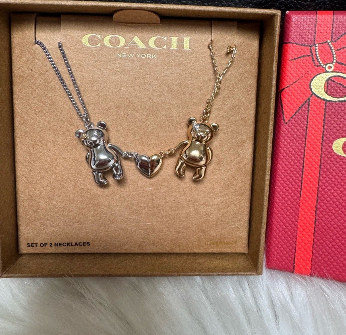 Coach Teddy Bear Heart Friendship Necklace Duo Set CY112 New With Box