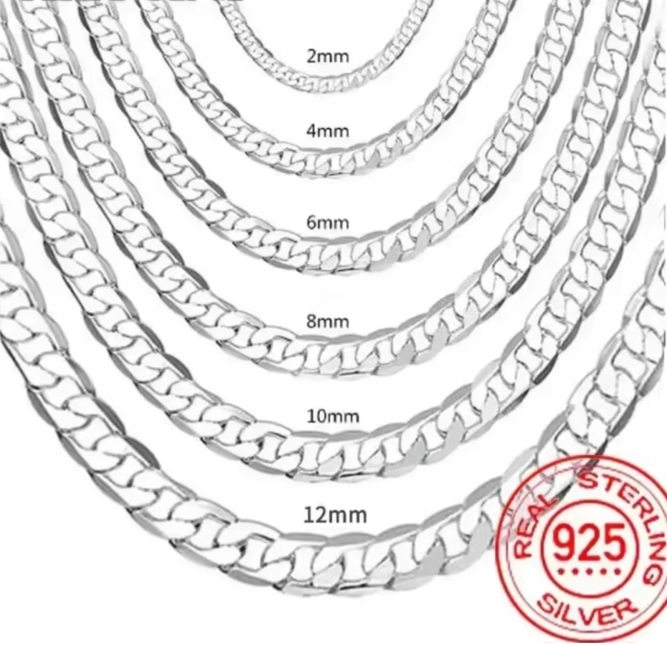 925 Sterling Silver 12MM Flat Curb Cuban Link Chain Lobster Clasp For Men/Women