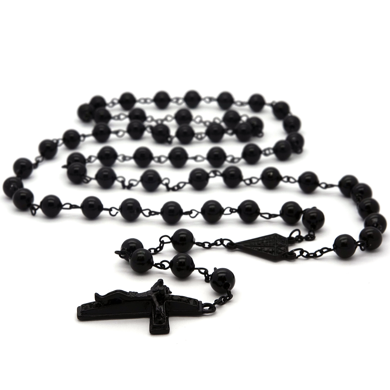 Men’s Hip Hop 8mm BLACK Beads D-Shape Rosary & Jesus Cross Necklace BK