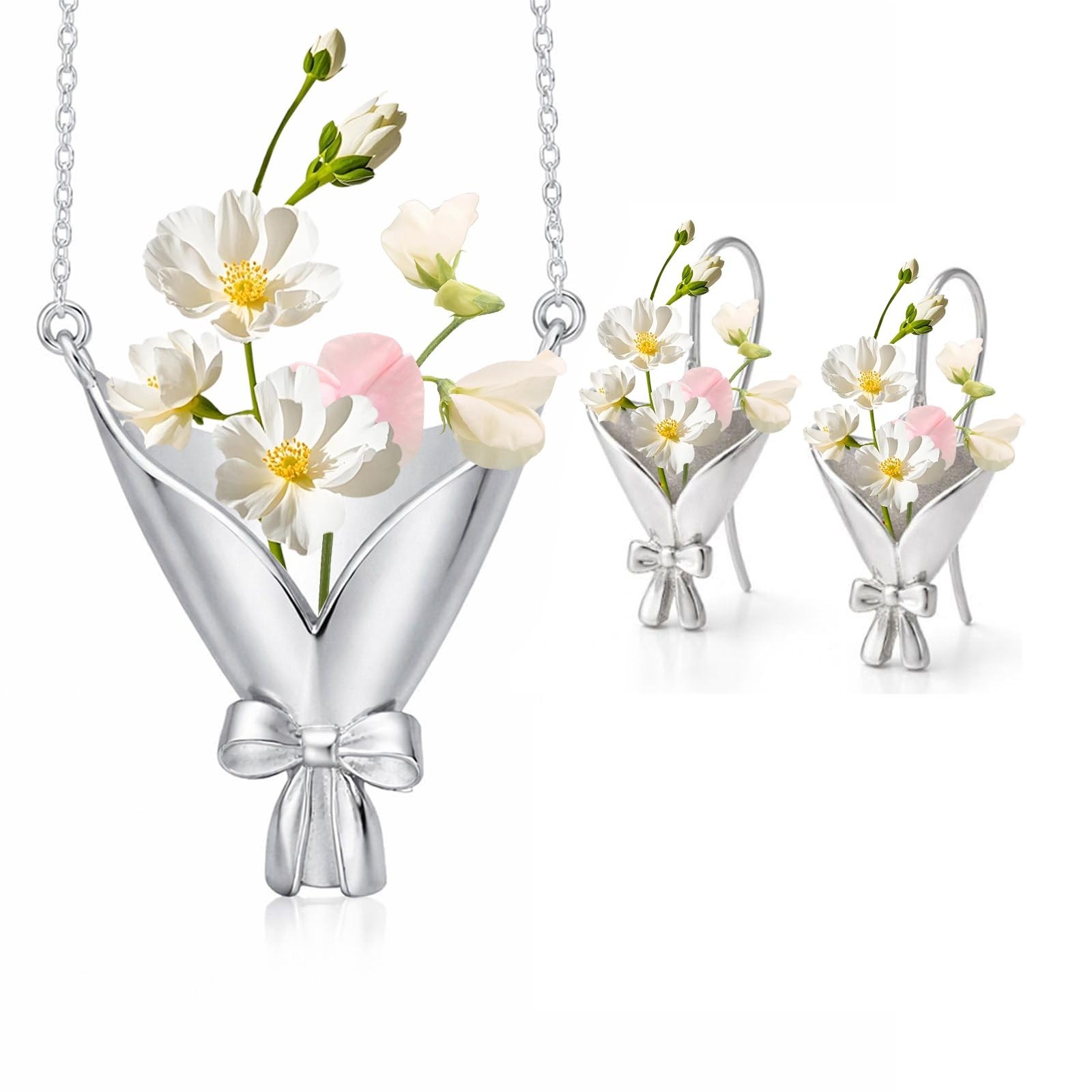 Floral Vase Pendant Necklace for Women – Flower Holder Jewelry for Prom, Wedding