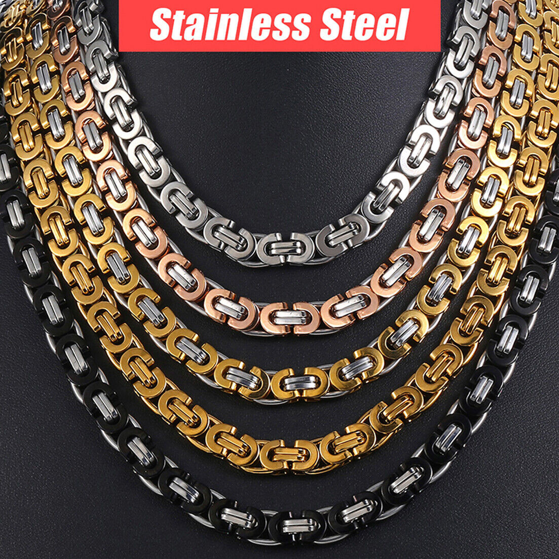 6/8/11mm Men’s Flat Byzantine Chain Necklace 316L Stainless Steel 8″-40″ HOTSALE