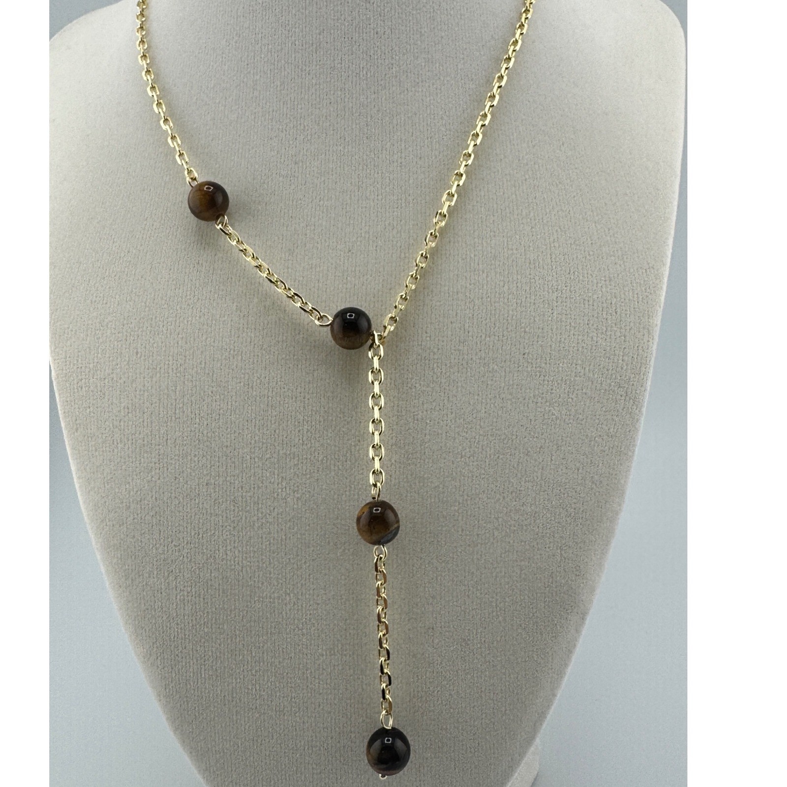 Gold Tone Tiger’s Eye Bead Lariat Y-Drop Necklace Adjustable Cable Chain