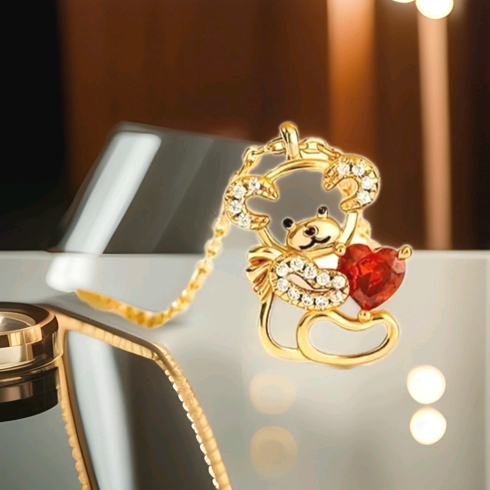 Valentine’s Day Gift Heart Bear Love Gold Red Heart Y2K Dainty Golden Pendant