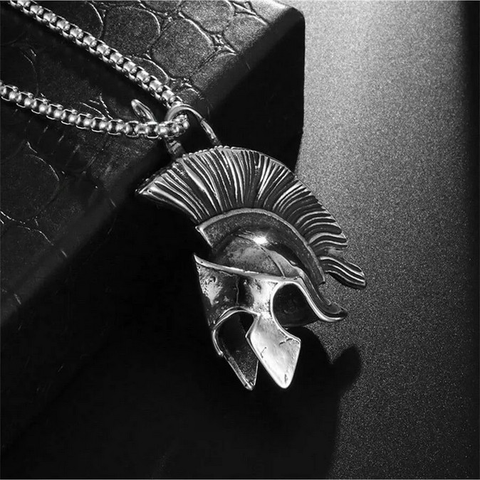 Roman Spartan Warrior Mask Helmet Jewelry Vintage Silvery Pendant Necklace