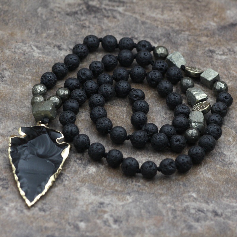 Lava Obsidian Mala Bead Healing Meditation Men Women Knotted Pendant Necklace