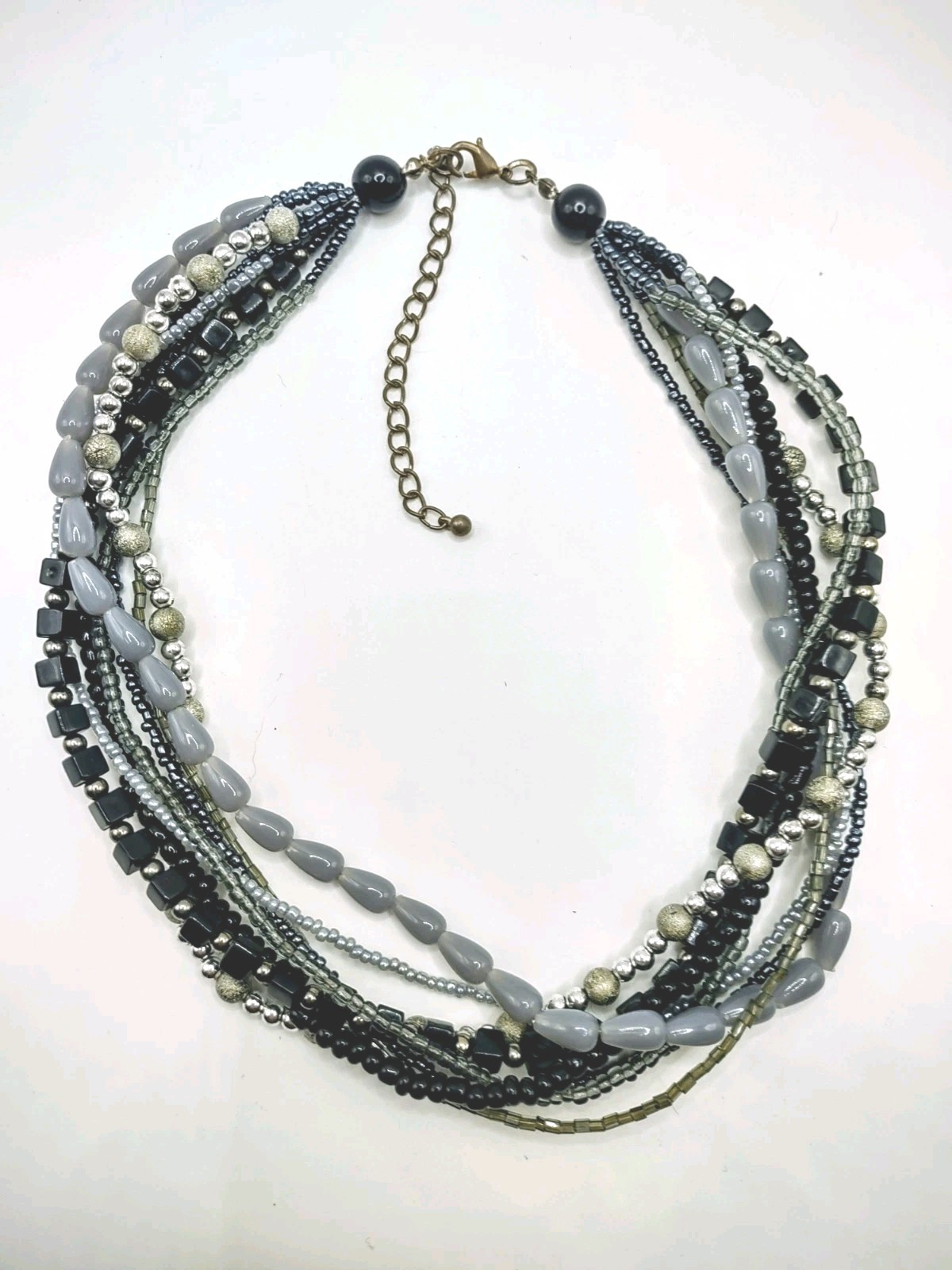 Multi Strand Necklace Beaded Black Grey Layered Fashion Costume Jewelry
