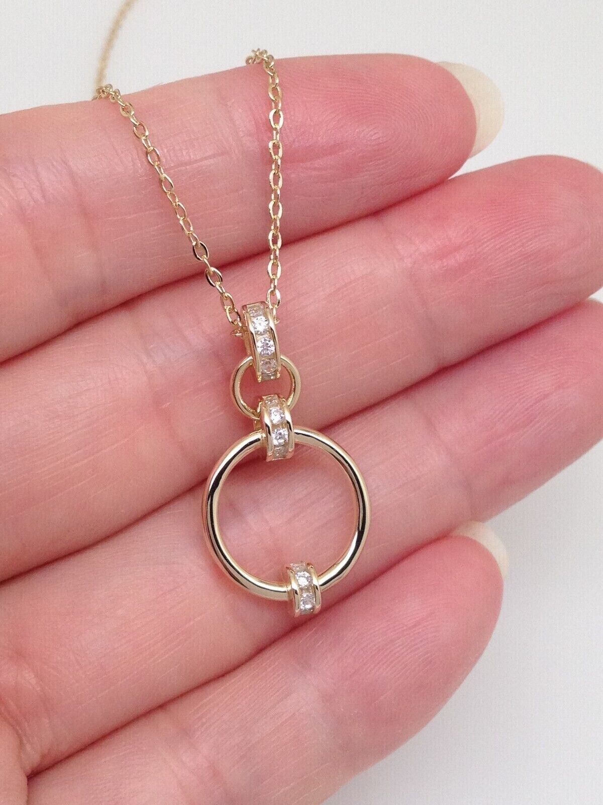 925 Sterling Silver CZ Two Circle Pendant Necklace Linked Gold 25mm 16-18″ Women