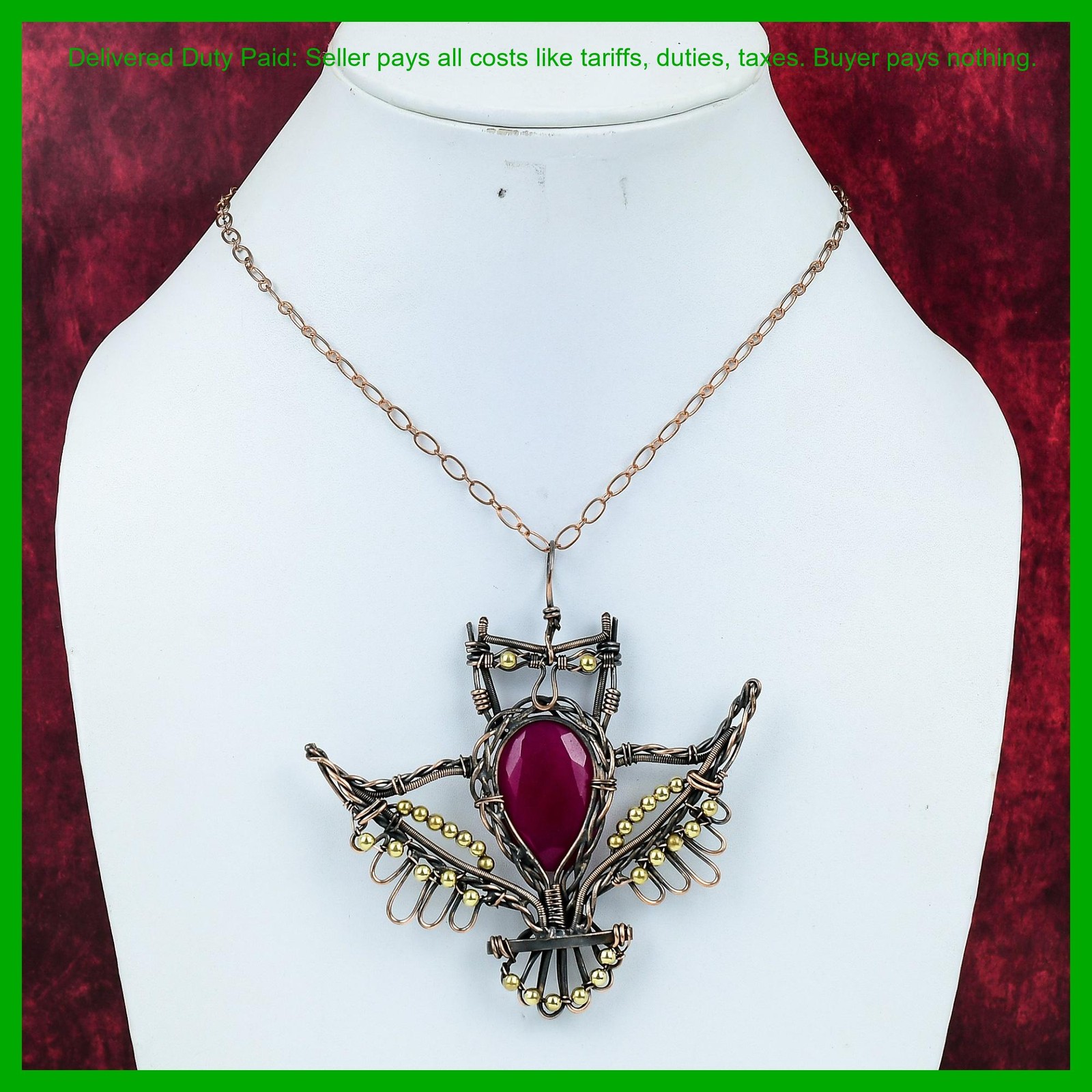 Copper Oval Kashmir Rubi Gemstone Mother Gift Wire Wrapped Owl Pendant Jewelry