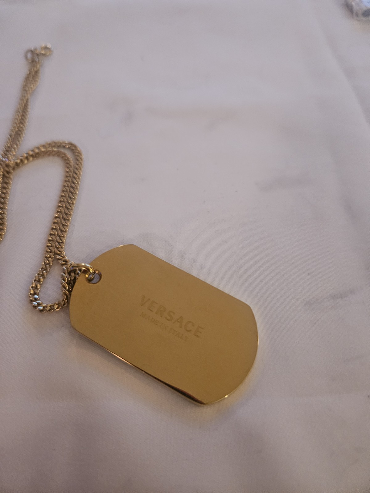 Versace Gold Tone Curb Chain Tag Pendant Necklace Black Enamel Engraved Italy
