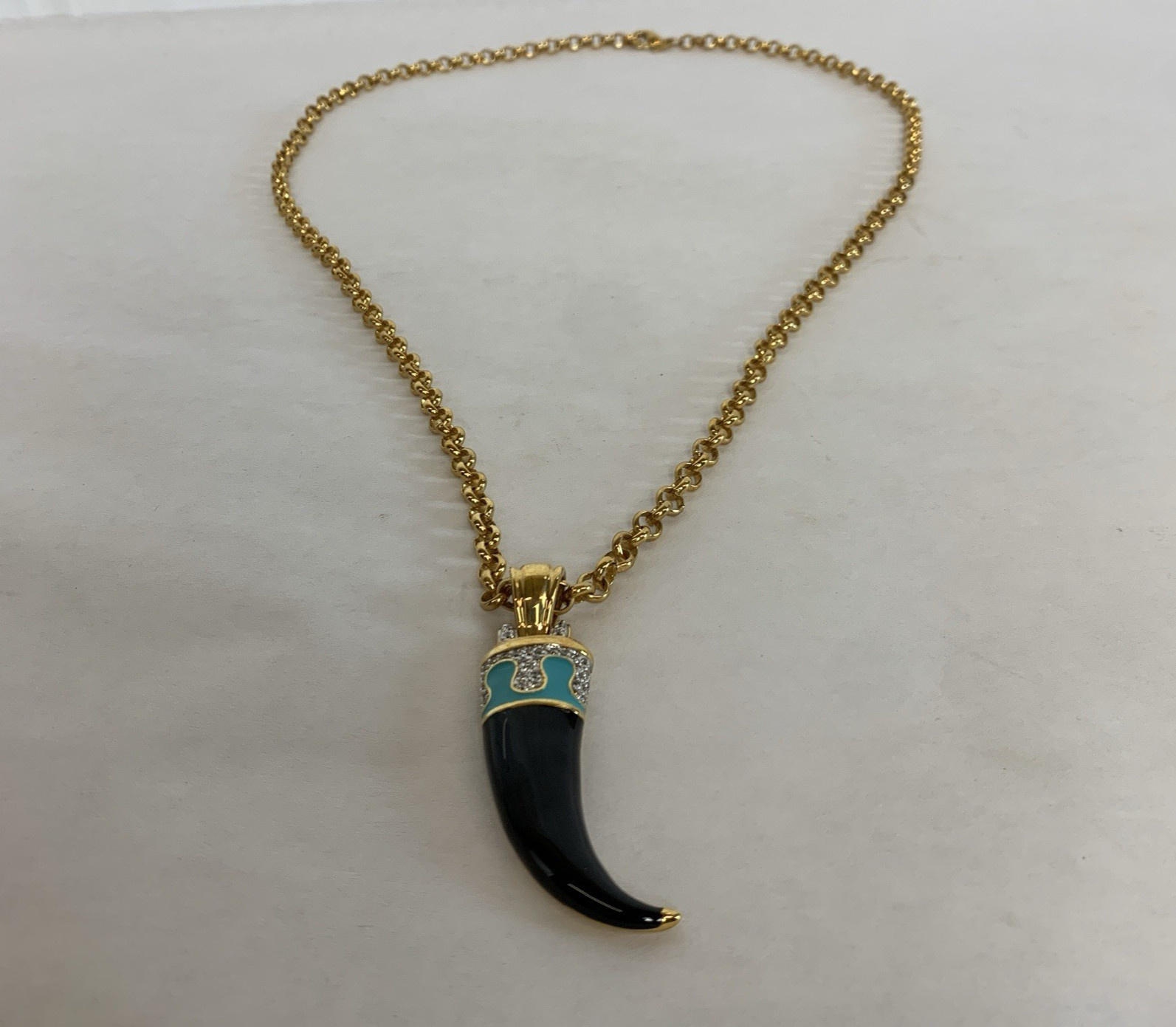 RJM Gold Tone Necklace Black Horn Pendant Blue Accents Unisex Adult
