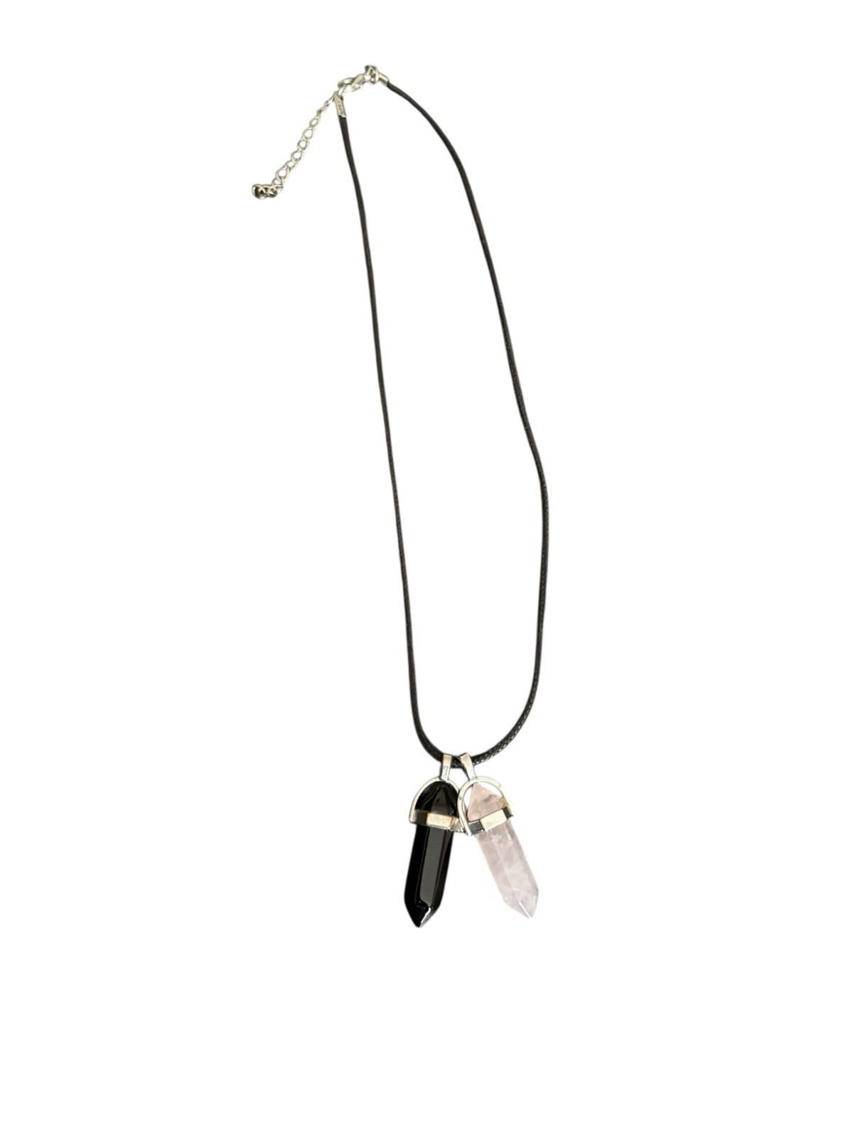 Black & Rose Quartz Point Pendant Necklace – Double Crystal, Faux Leather Cord