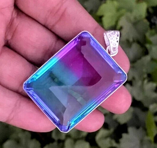 58 CT+ Flawless Bi-Color Tourmaline Pendant 925 Sterling Silver Plated Jewelry