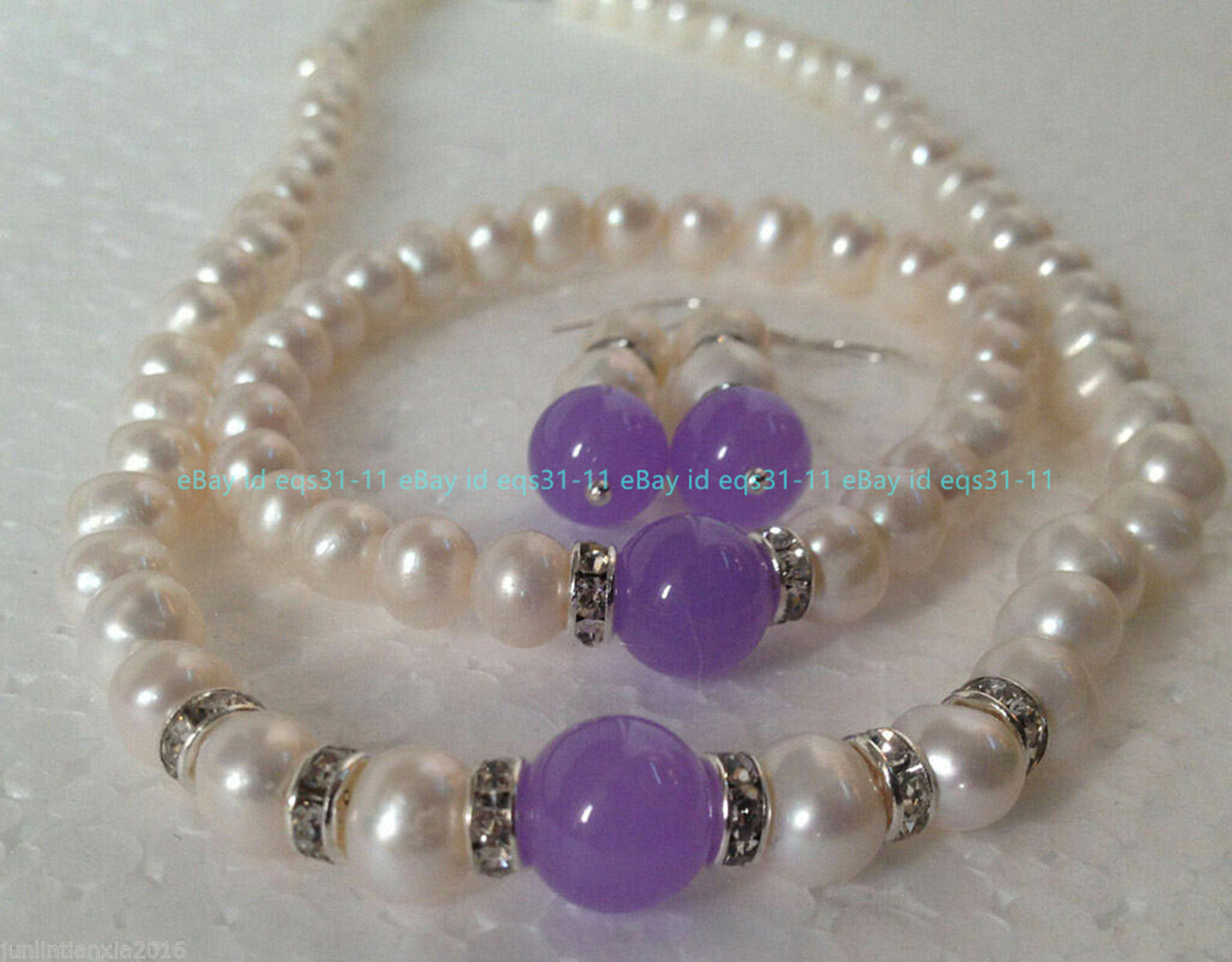 7-8mm White Freshwater Cultured Pearl Alexandrite Necklace Bracelet Earrings Set