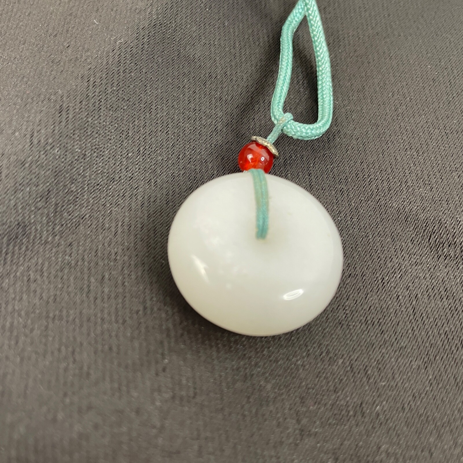 White Jade Quartz Donut Necklace Etched Chinese Happy & Prosperous Ships from US