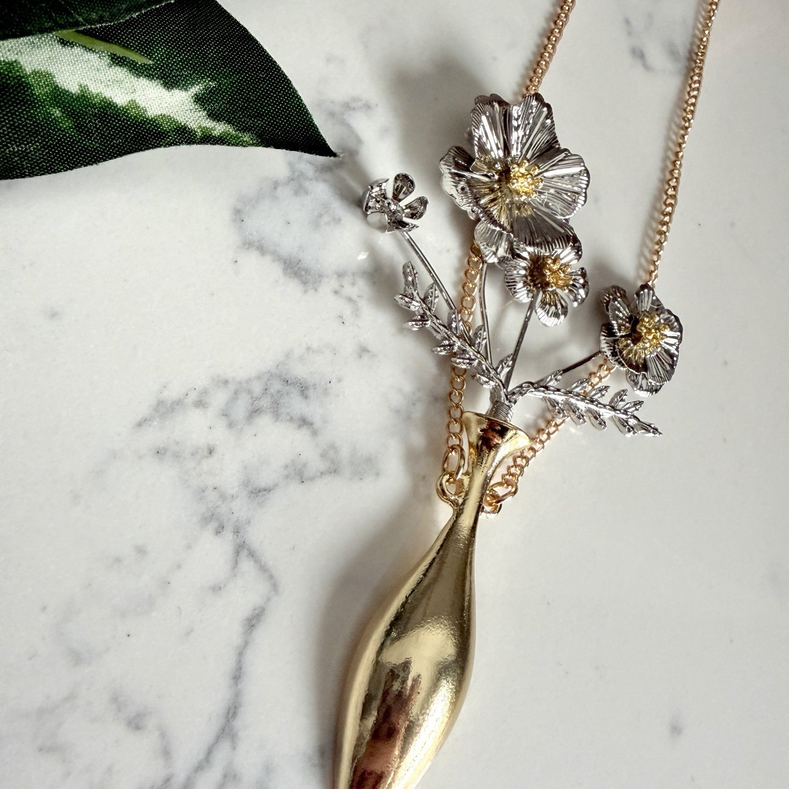 Flower Vase Gold & Silver Necklace Oversized Botanical Long Boho Jewelry NEW