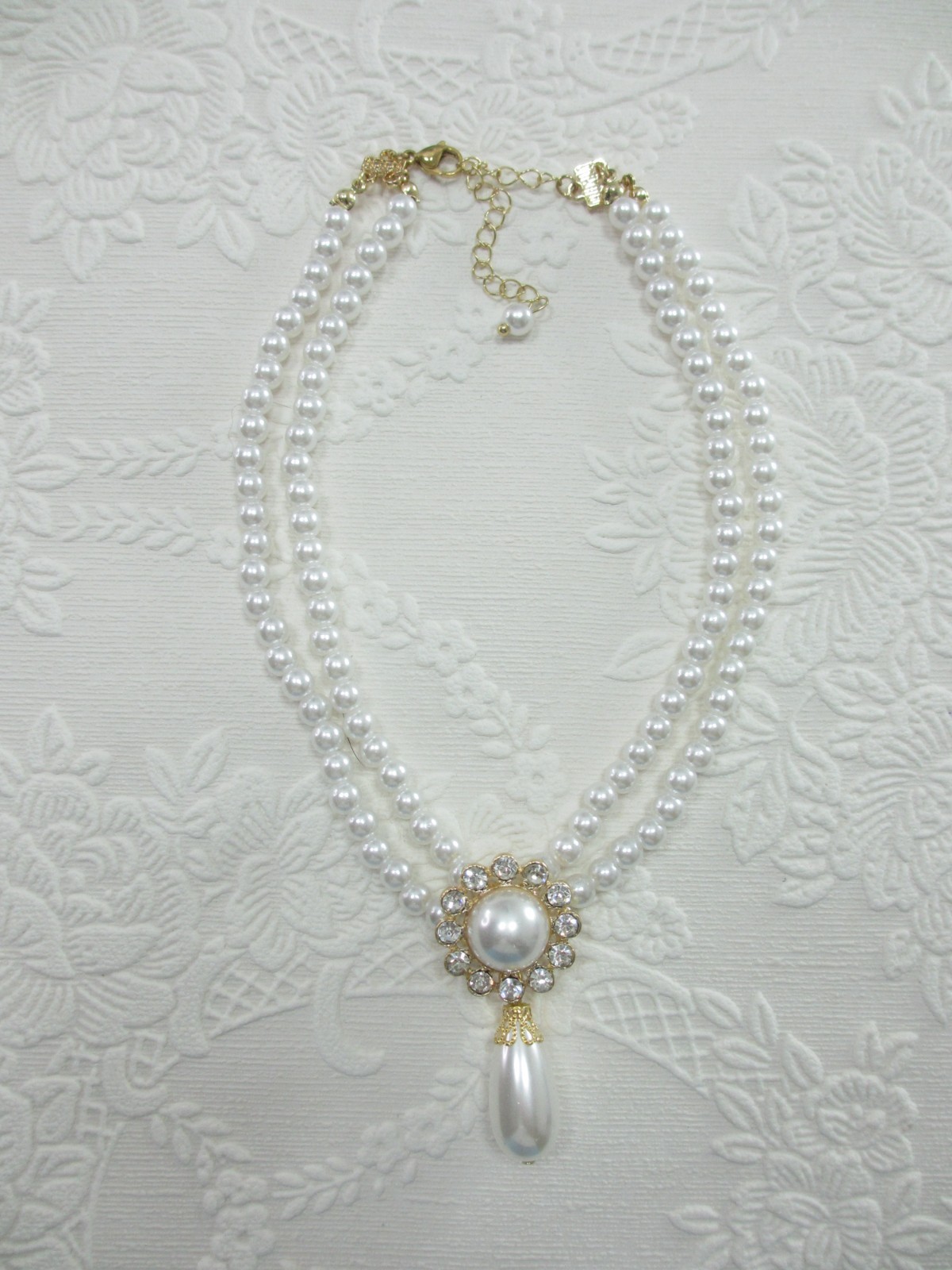 Pearl Teardrop Choker Necklace Rhinestone Pendant Bridal Victorian Elegant 15in
