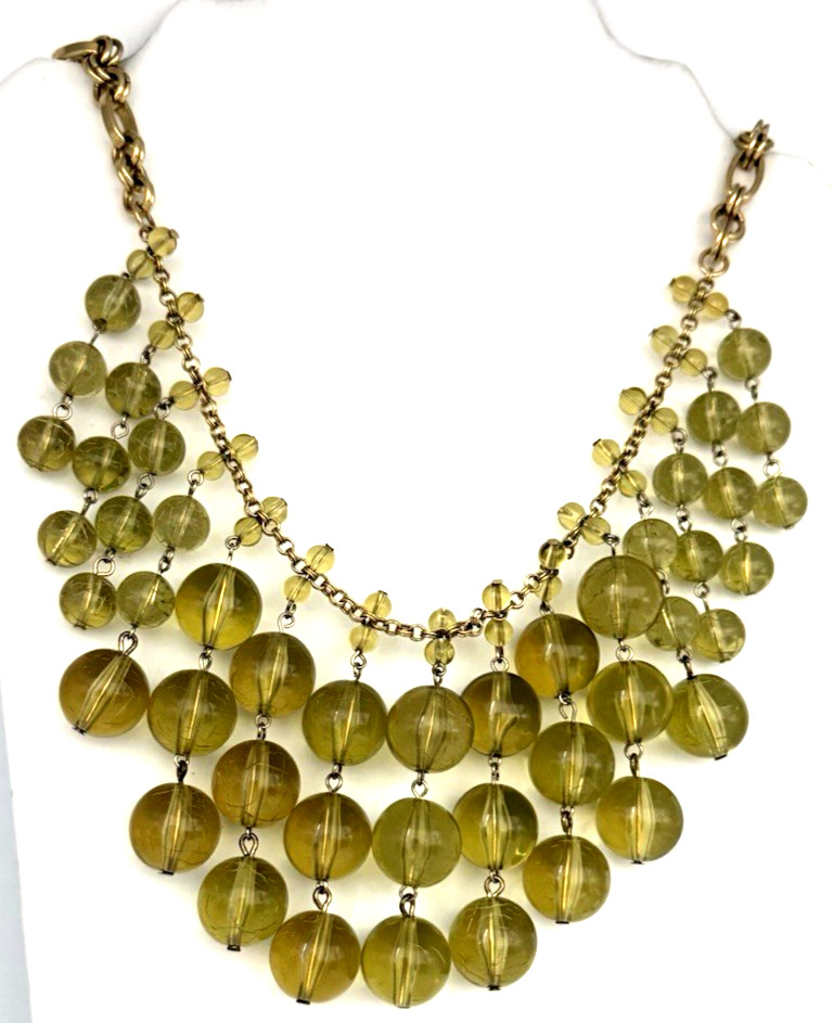 J. Crew 26″ Cascading Translucent Olive Green Beaded Bib Statement Necklace