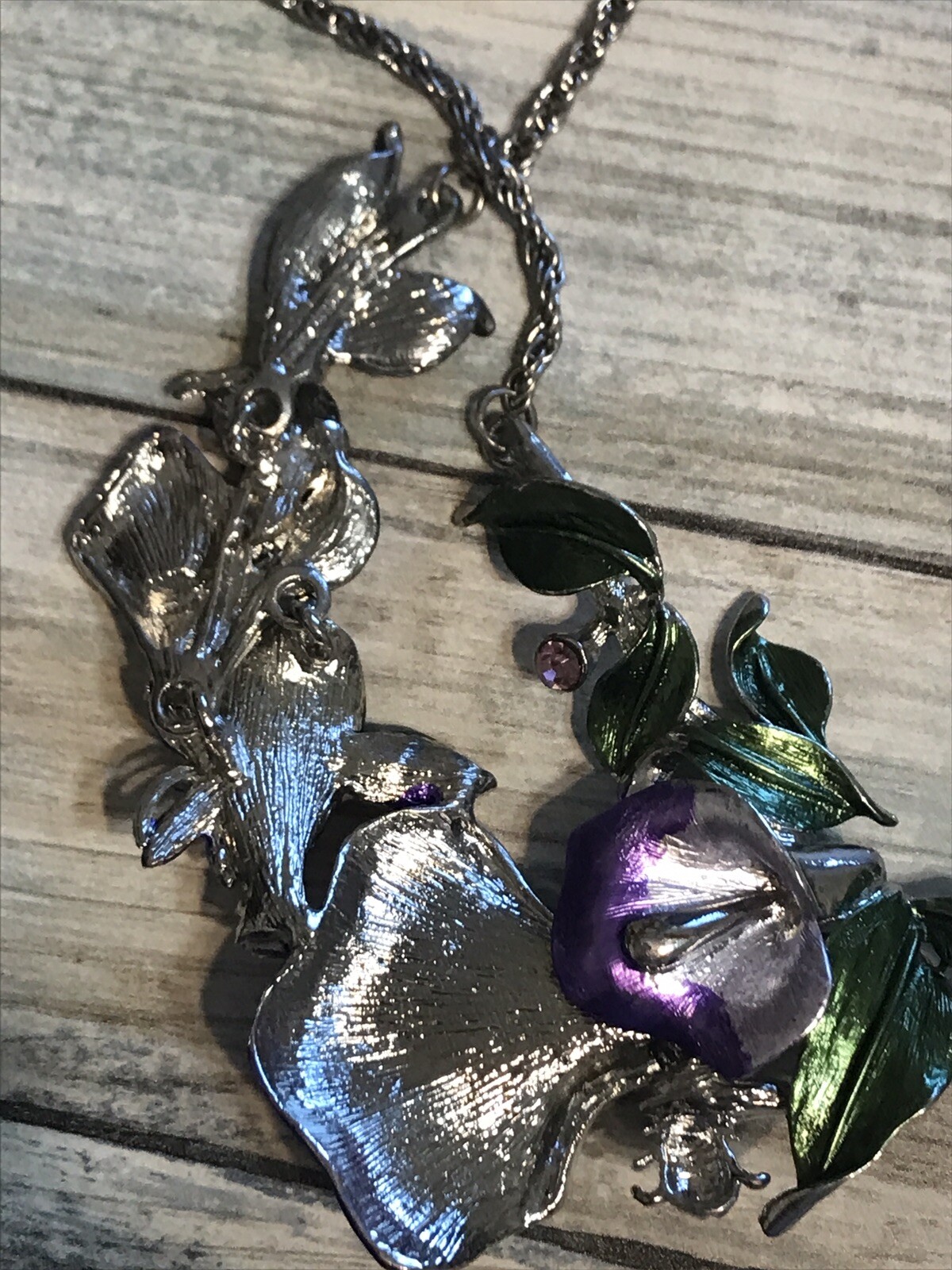 Lot Necklaces Earrings Silver Tone Chain Black Pendant Flowers Purple Set