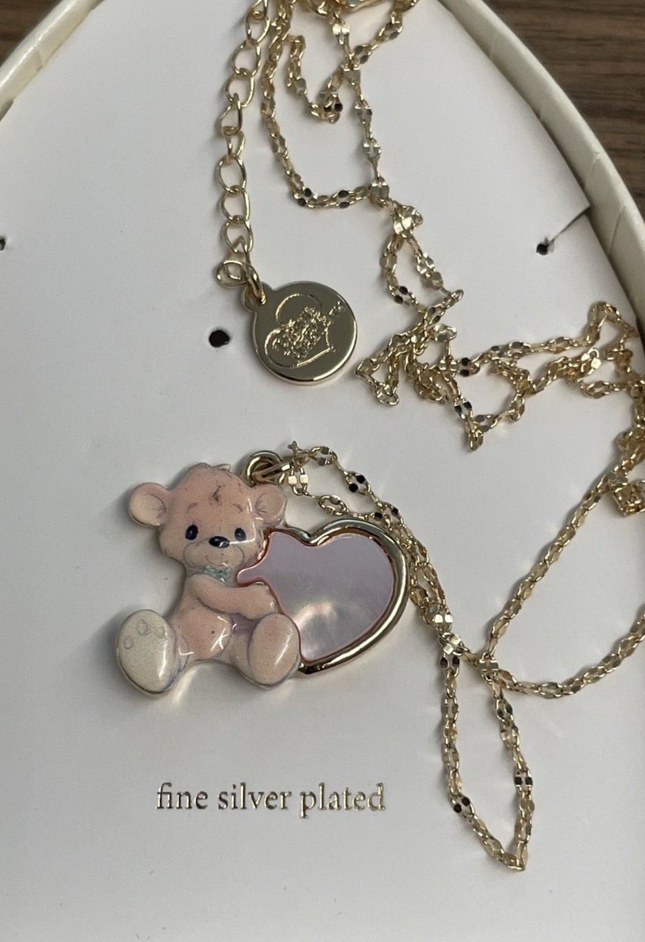Precious Moments Bear & Heart Necklace Fine Silver Plated Gold Tone & Enamel