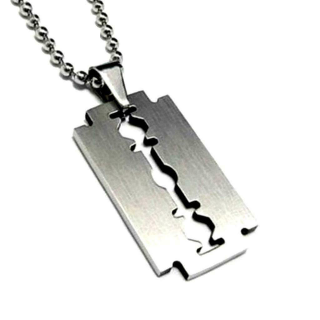 STAINLESS STEEL RAZOR BLADE PENDANT NECKLACE Chain Silver Charm Men Dog Tag