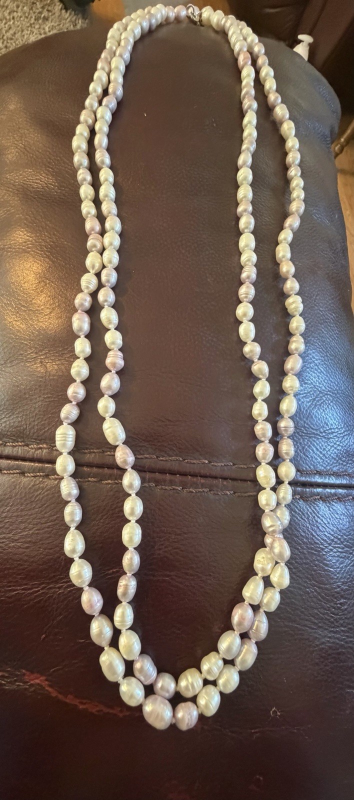 Freshwater pearl necklace, hand knotted, 60″ long 925 clasp Excellent condition