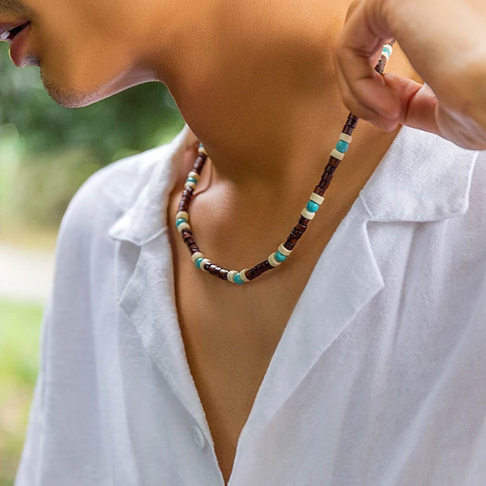 Bohemian Surfer Necklace For Men – Wood & Turquoise Beads, Adjustable 18″+2.7″