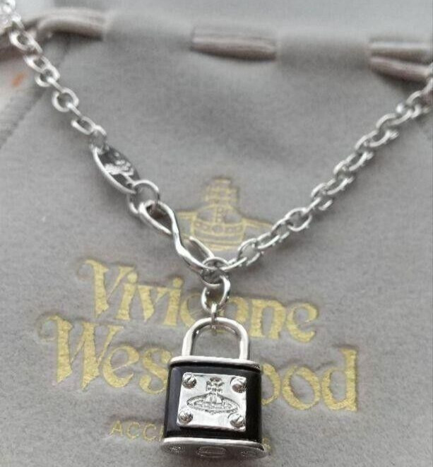 Vivienne westwood Orb Black Padlock Chain Silver Necklace Lock Outlet authentic