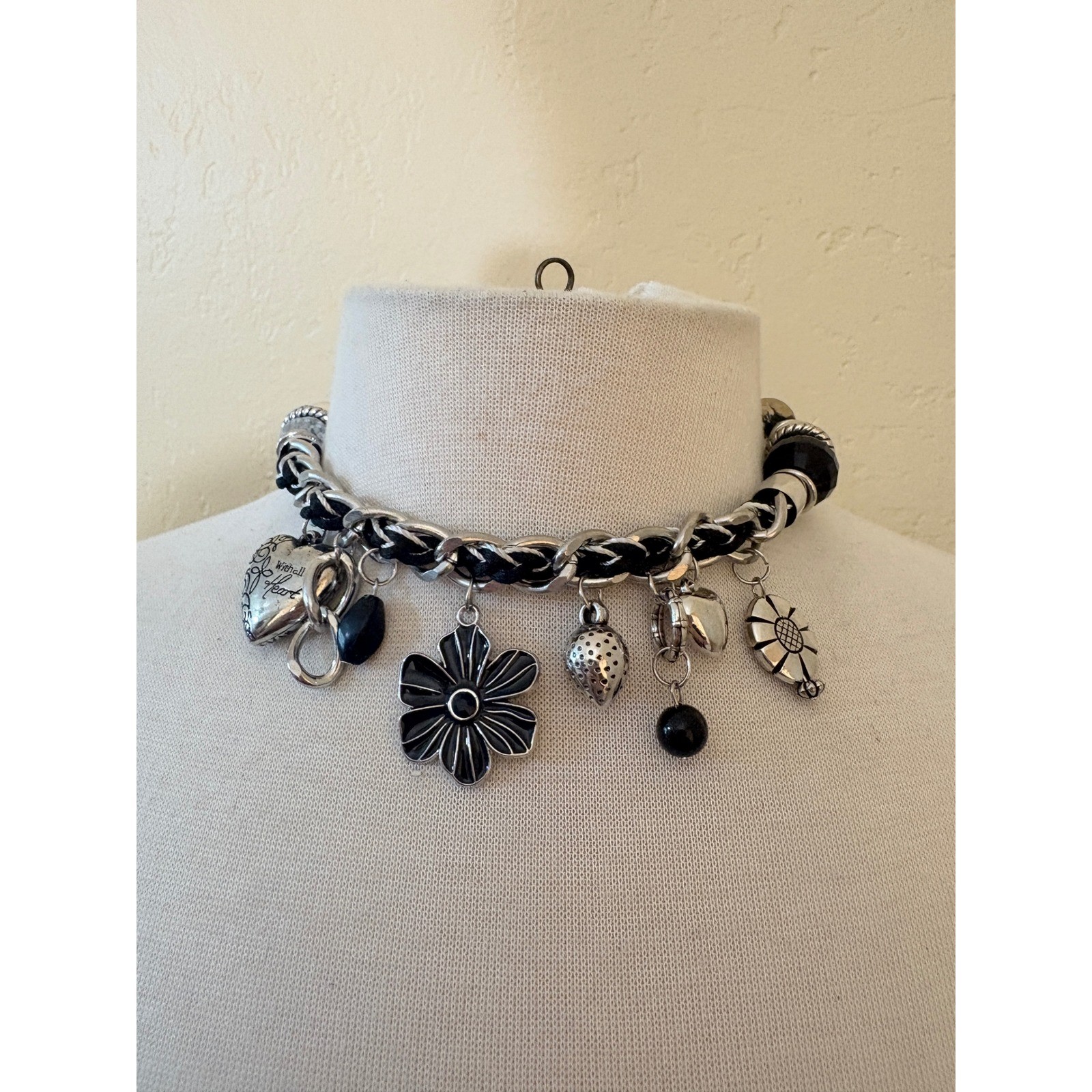 Chunky Silver Black Woven Chain Charm Choker Necklace Heart Flower Y2K Grunge