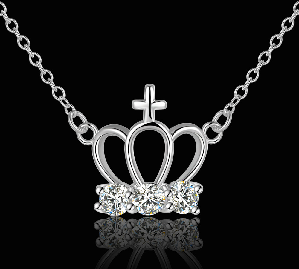 Elegant 925 Sterling Silver Filled Water Crown CZ Pendant Woman Necklace N-A597