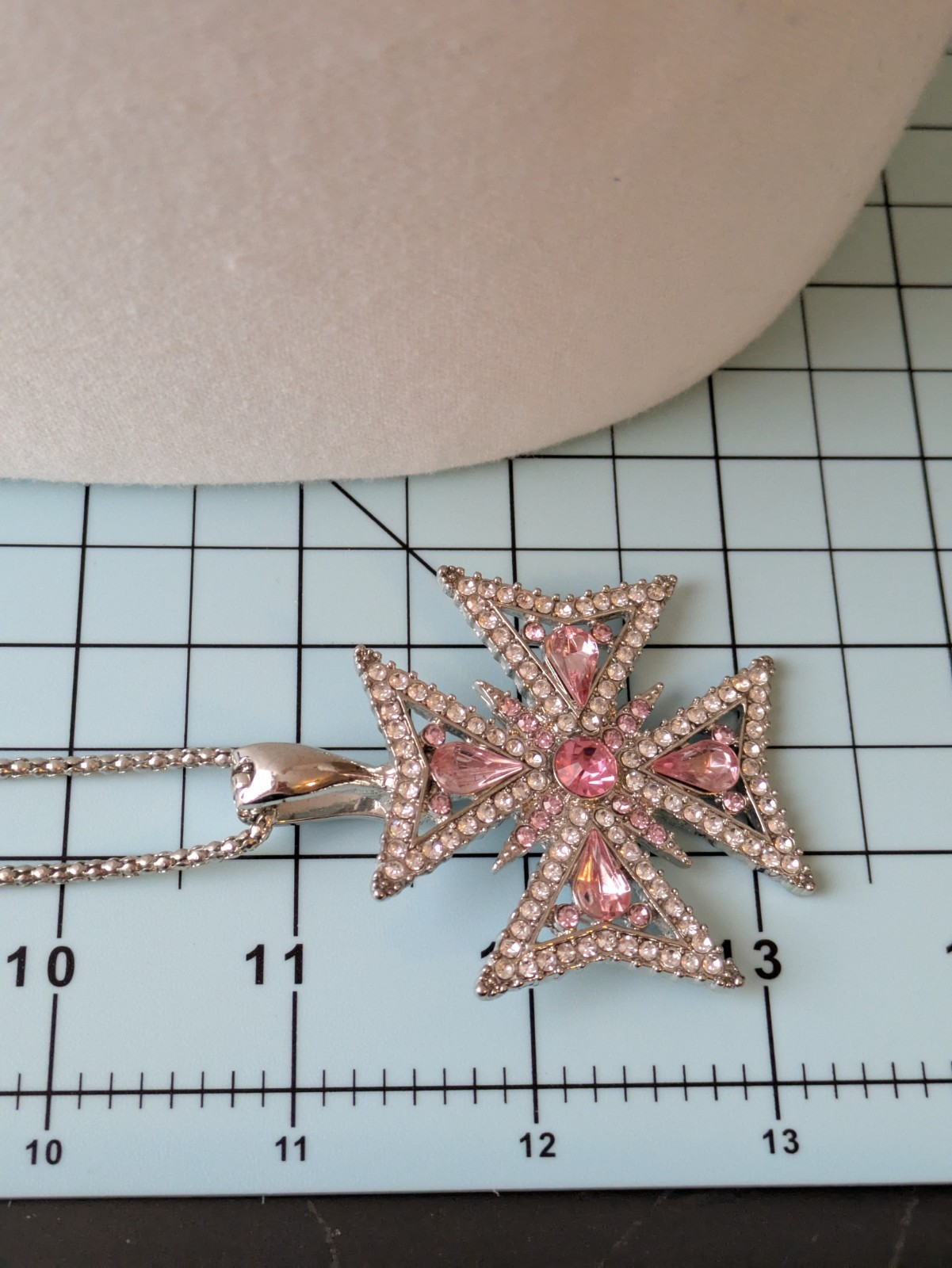 RMN Roman Pendant Necklace In Silver Tone & Pink Rhinestones Maltese Cross