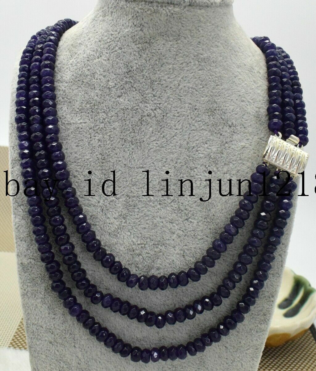 3Row 2x4mmn Faceted Purple Amethyst Rondelle Gemstone Beads Necklace 17-19”