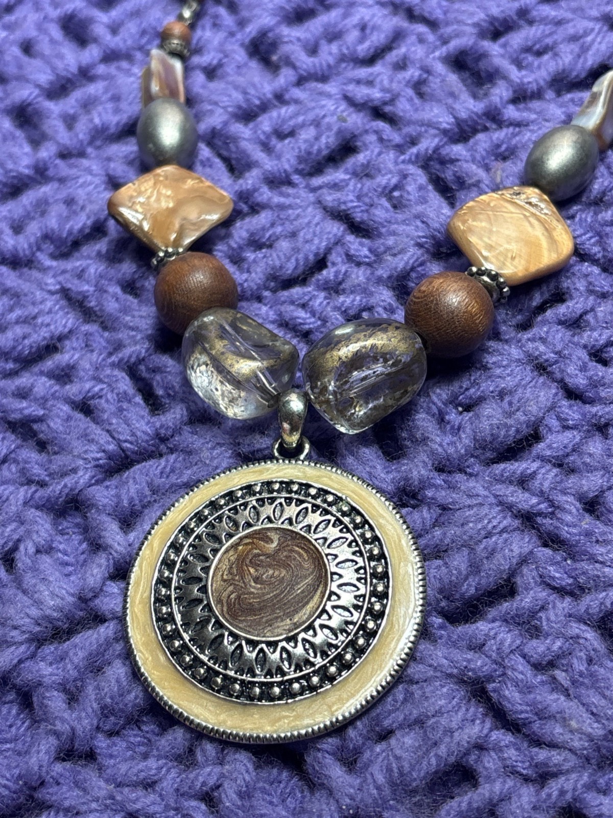 Retro Boho Beaded Brown Double Cord Necklace Shell Wooden Metal Enamel Pendant