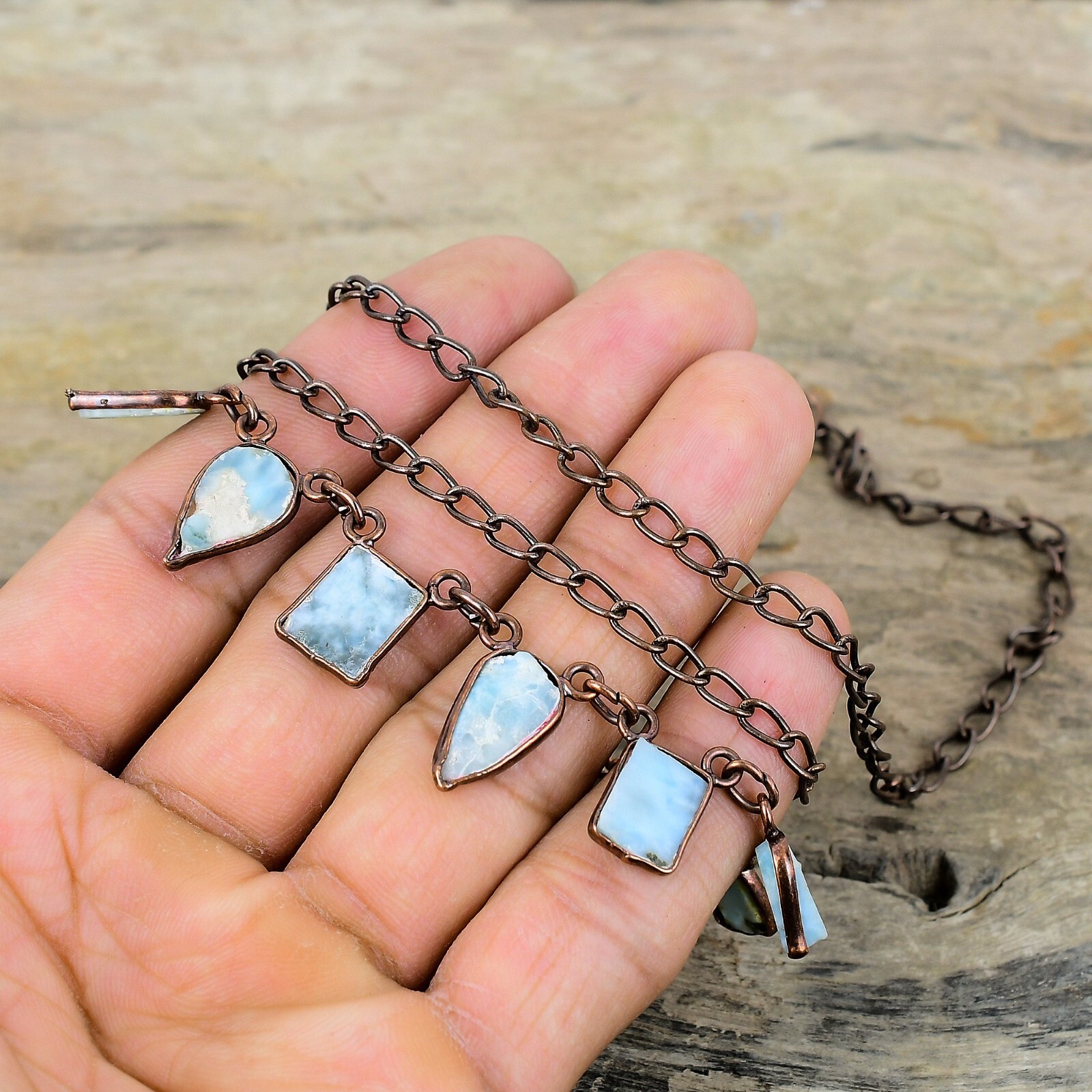 Larimar Rough Copper Electroformed Chain Adjustable Necklace For Women 18.0″